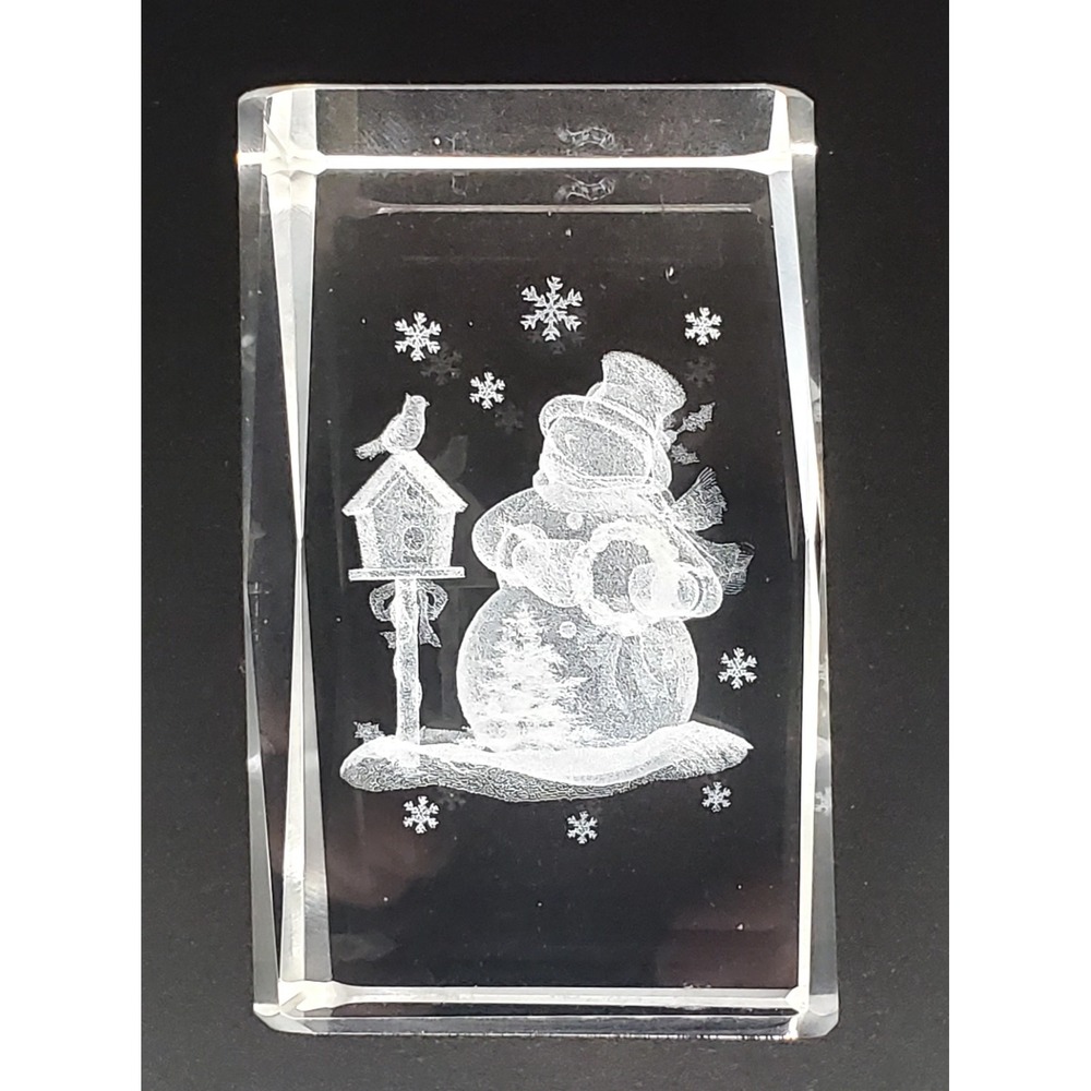 3D Laser Etched Crystal Glass Prism Snowman Paperweight Holiday - Stunning